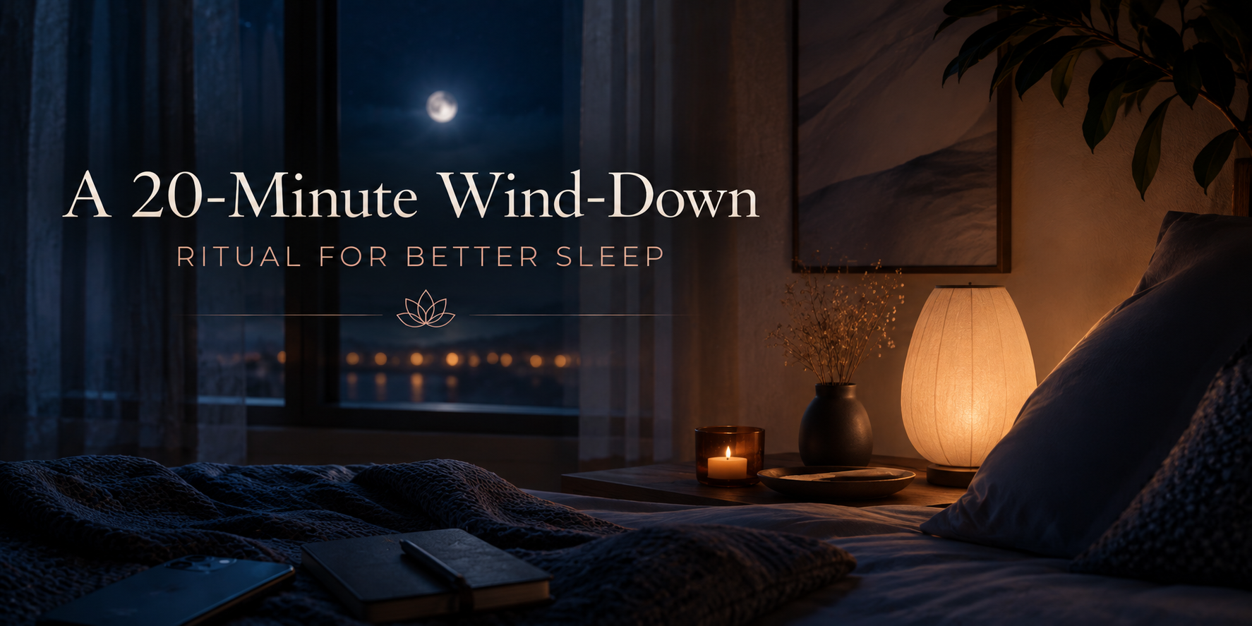 A dim bedroom at night with a lit candle and warm lamp glow beside the bed, curtains open to a moonlit view.