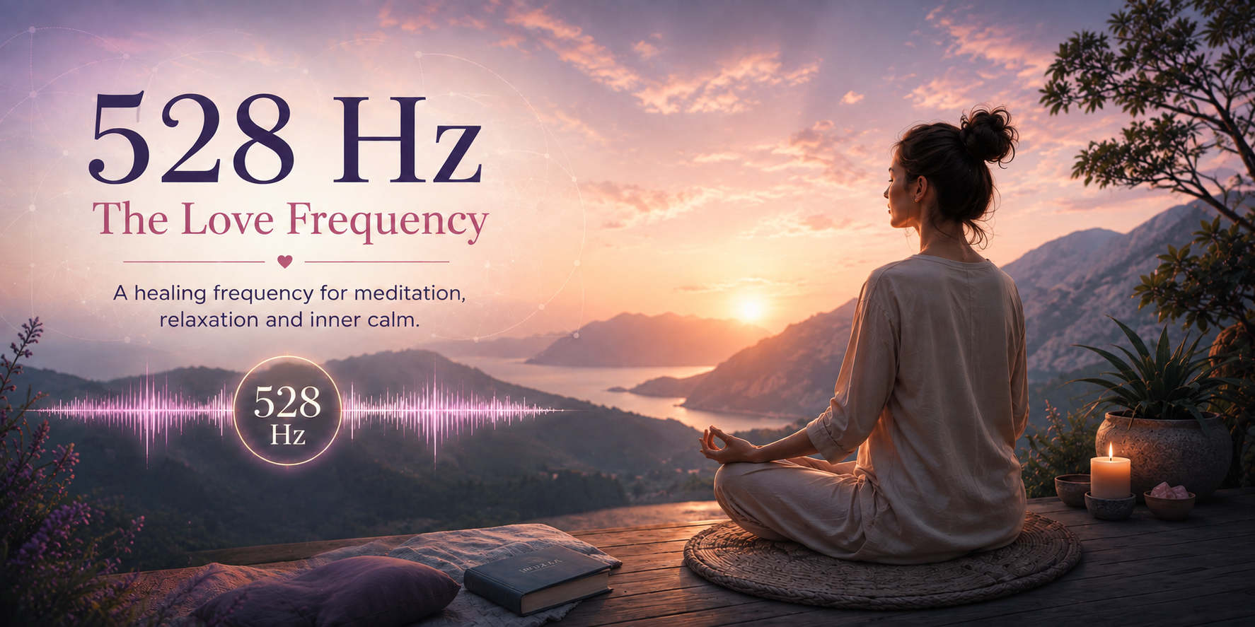 A woman meditating in lotus pose on a mountain terrace overlooking a lake at sunset, beside a lit candle, cushion and book.