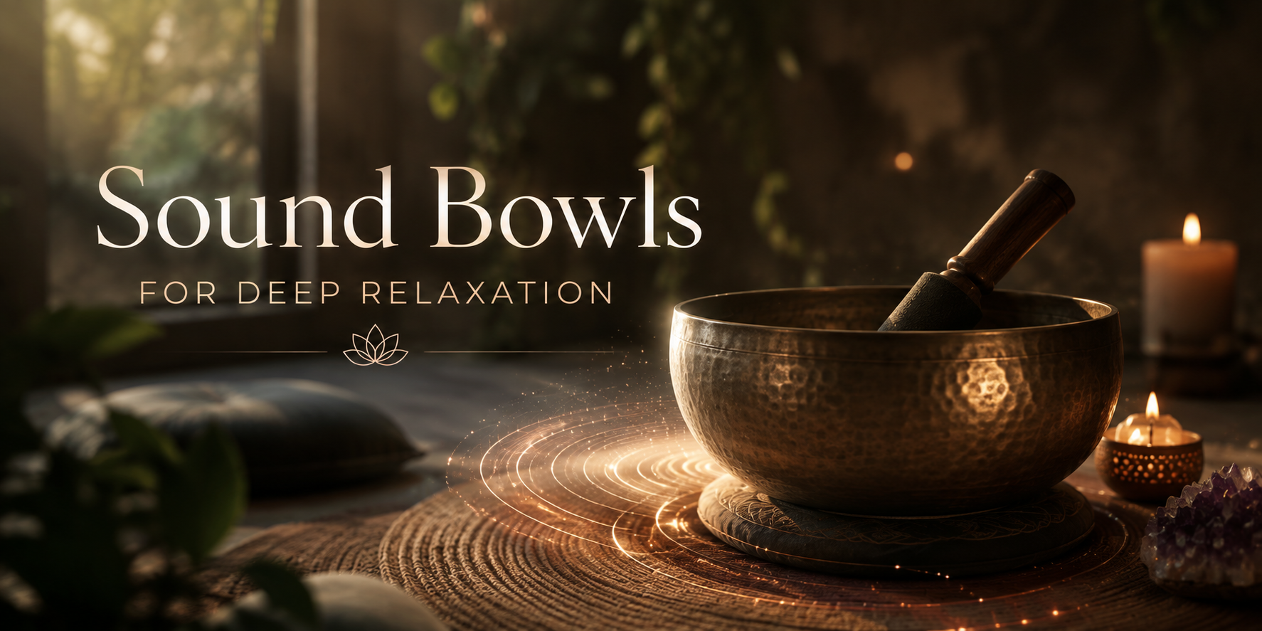 A hammered brass singing bowl with its mallet resting inside, surrounded by candlelight, cushions and an amethyst cluster on a woven mat.