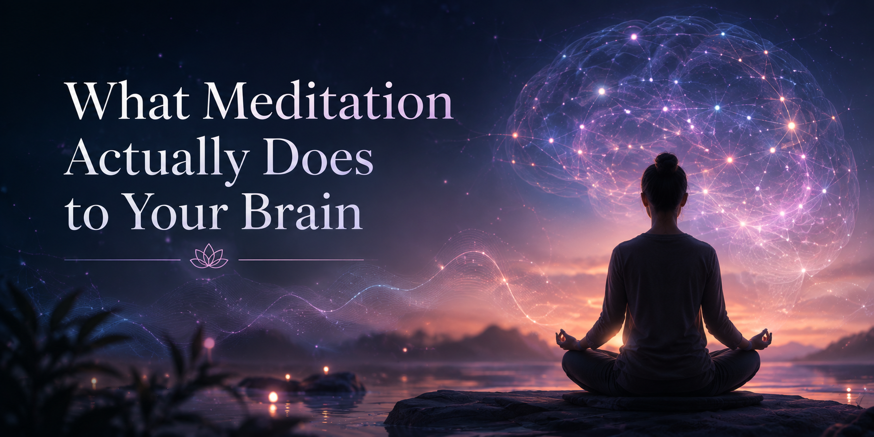 A silhouette of a person meditating in lotus pose by water at dusk, facing a glowing illustration of a brain formed from connected points of light.
